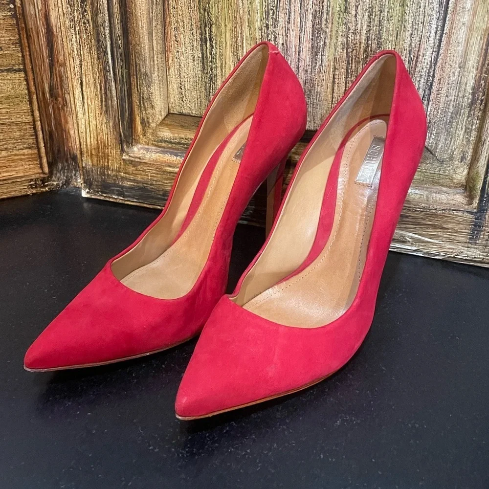 Schutz Scarlet Red Suede Pumps High Heels 4 1/2 inch heel - Picture 2 of 9